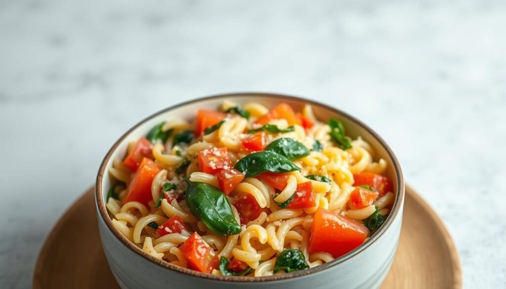 A vibrant, healthy one pot orzo dish set against a clean, airy background. In the foreground, a steaming bowl of perfectly cooked orzo pasta, tossed with fresh vegetables like diced tomatoes, spinach, and bell peppers. The orzo is coated in a creamy, light sauce, hinting at the satisfying yet nourishing nature of the meal. Soft, diffused lighting illuminates the scene, creating a warm, appetizing atmosphere. The composition features a top-down perspective, showcasing the dish's colors and textures. An overall sense of balance, simplicity, and culinary appeal pervades the image.