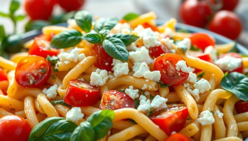 A vibrant, mouth-watering Italian pasta salad fills the frame, the noodles glistening under warm, natural lighting. An array of fresh ingredients take center stage - al dente penne, sliced cherry tomatoes, crisp cucumber, shredded basil, and crumbled feta cheese. The salad is dressed in a creamy, zesty vinaigrette, creating a harmonious blend of flavors. The scene is set against a softly blurred background, emphasizing the dish's classic, crowd-pleasing appeal. The overall composition radiates a summery, inviting atmosphere, capturing the essence of a perfectly balanced pasta salad ready to be enjoyed at any backyard barbecue. A vibrant, mouth-watering Italian pasta salad fills the frame, the noodles glistening under warm, natural lighting. An array of fresh ingredients take center stage - al dente penne, sliced cherry tomatoes, crisp cucumber, shredded basil, and crumbled feta cheese. The salad is dressed in a creamy, zesty vinaigrette, creating a harmonious blend of flavors. The scene is set against a softly blurred background, emphasizing the dish's classic, crowd-pleasing appeal. The overall composition radiates a summery, inviting atmosphere, capturing the essence of a perfectly balanced pasta salad ready to be enjoyed at any backyard barbecue.