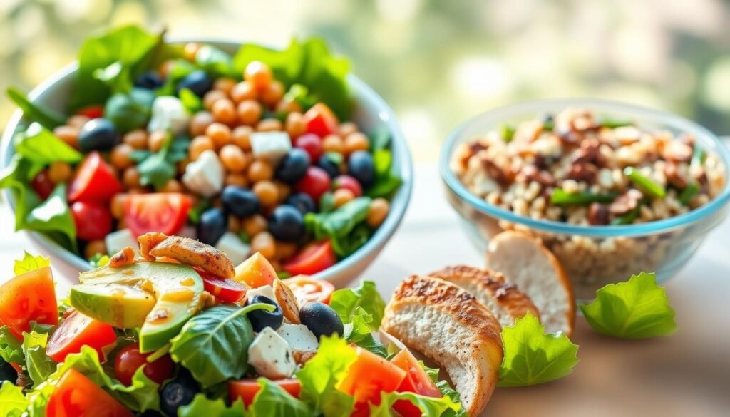 A vibrant, mouthwatering display of hearty, no-cook protein salads against a bright, sun-dappled backdrop. In the foreground, a tossed salad of crisp greens, juicy tomatoes, creamy avocado, and lean grilled chicken, drizzled with a tangy vinaigrette. In the middle ground, a composed salad of garbanzo beans, feta, olives, and fresh herbs. In the background, a refreshing quinoa salad with roasted vegetables and a sprinkle of toasted nuts. Soft, natural lighting casts a warm, summery glow, and the overall scene exudes a sense of effortless, healthy indulgence.