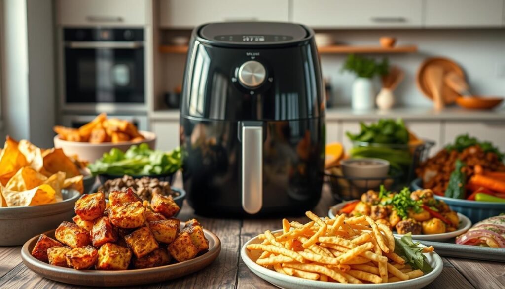 A vibrant, mouthwatering scene of assorted vegetarian air fryer recipes. In the foreground, a variety of crispy, golden-brown vegetables and plant-based proteins artfully arranged on a rustic wooden table, their textures and colors popping under soft, natural lighting. In the middle ground, a sleek, modern air fryer takes center stage, its gleaming exterior reflecting the surrounding dishes. In the background, a minimalist kitchen setting with clean lines and neutral tones, creating a calming, inviting atmosphere. The overall composition exudes a sense of health, balance, and culinary delight, perfectly capturing the essence of "Veggie-Forward Air Fryer Recipes That Actually Taste Amazing."