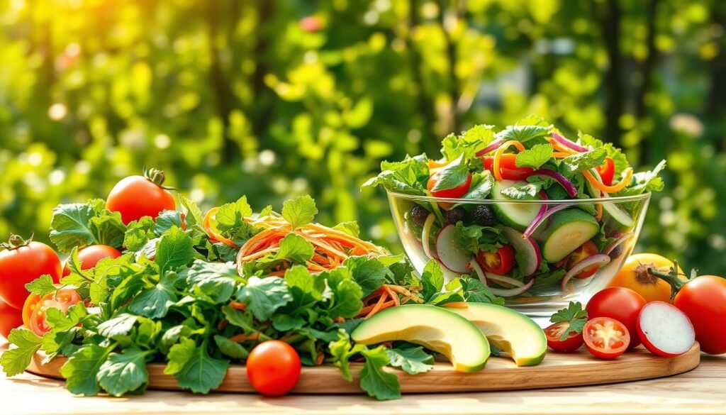 A vibrant, nutrient-dense summer salad display set against a sun-dappled outdoor scene. In the foreground, an array of fresh, colorful ingredients - crisp greens, juicy tomatoes, crunchy bell peppers, and creamy avocado slices, arranged artfully on a wooden board. The middle ground features a glass bowl brimming with a leafy green salad, accented with slivers of cucumber, shredded carrots, and thinly sliced radishes. In the background, a lush, verdant garden with dappled sunlight filtering through the leaves, creating a warm, inviting atmosphere. The lighting is soft and natural, accentuating the vibrant hues of the produce. The overall composition evokes a sense of health, freshness, and the bounty of the summer season.