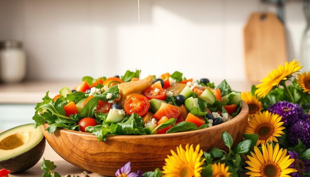 A vibrant, nutrient-dense summer salad scene. In the foreground, a large wooden bowl overflows with a colorful mix of leafy greens, juicy tomatoes, crisp cucumbers, and crunchy bell peppers. Drizzled over the salad is a light, tangy vinaigrette. Surrounding the bowl are an assortment of fresh, seasonal ingredients - sliced avocado, crumbled feta, toasted sunflower seeds, and a handful of bright edible flowers. The scene is bathed in warm, natural light, creating a soft, appetizing atmosphere. In the background, a minimalist kitchen counter with simple white tiles provides a clean, uncluttered backdrop. The overall impression is one of a quick, effortless, and nutritious summer meal.