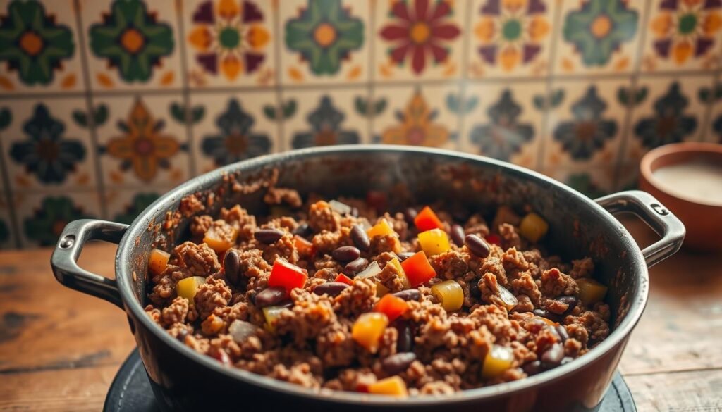 A vibrant one-pot Mexican-inspired dish, featuring browned ground beef, simmered in a rich tomato-based sauce, infused with aromatic spices like cumin, chili powder, and garlic. Diced bell peppers, onions, and kidney beans add pops of color and texture. The scene is lit by warm, natural lighting, casting a cozy glow over the sizzling, steaming pot, resting on a rustic wooden table. In the background, a blurred view of a Mexican-inspired tile pattern creates a cultural context. The overall mood is hearty, comforting, and inviting, perfectly capturing the essence of an international one-pot ground beef creation. A vibrant one-pot Mexican-inspired dish, featuring browned ground beef, simmered in a rich tomato-based sauce, infused with aromatic spices like cumin, chili powder, and garlic. Diced bell peppers, onions, and kidney beans add pops of color and texture. The scene is lit by warm, natural lighting, casting a cozy glow over the sizzling, steaming pot, resting on a rustic wooden table. In the background, a blurred view of a Mexican-inspired tile pattern creates a cultural context. The overall mood is hearty, comforting, and inviting, perfectly capturing the essence of an international one-pot ground beef creation.