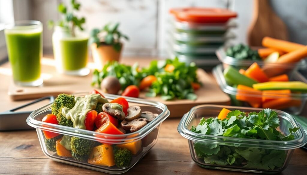 A vibrant, plant-based meal prep spread showcasing an assortment of colorful, nutrient-dense vegetables. In the foreground, a glass meal prep container is filled with roasted broccoli, sliced bell peppers, cherry tomatoes, and sautéed mushrooms, drizzled with a creamy avocado dressing. In the middle ground, a wooden cutting board displays freshly chopped kale, carrots, and zucchini, ready to be added to the meal. The background features a rustic kitchen counter with a potted herb plant, a glass of fresh-squeezed green juice, and a stack of reusable meal prep containers, all bathed in warm, natural lighting. The overall scene exudes a sense of health, balance, and effortless plant-based eating.