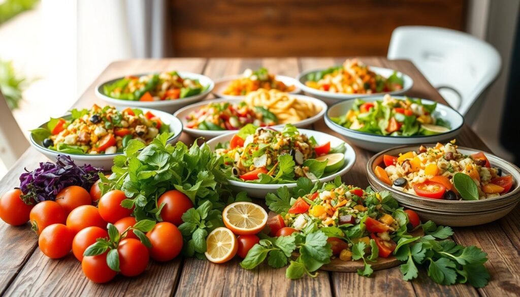 A vibrant spread of international salad recipes, artfully arranged on a rustic wooden table. In the foreground, a selection of fresh, colorful ingredients - crisp greens, juicy tomatoes, tangy citrus, and aromatic herbs. The middle ground features delicately plated salads, each showcasing a unique flavor profile and global culinary influence, from a Mediterranean-inspired tabbouleh to a zesty Thai-style papaya salad. The background is softly lit, creating a warm, inviting atmosphere that evokes the effortless charm of al fresco dining. The overall composition captures the diversity and appeal of these no-cook, globally-inspired summer salad creations.