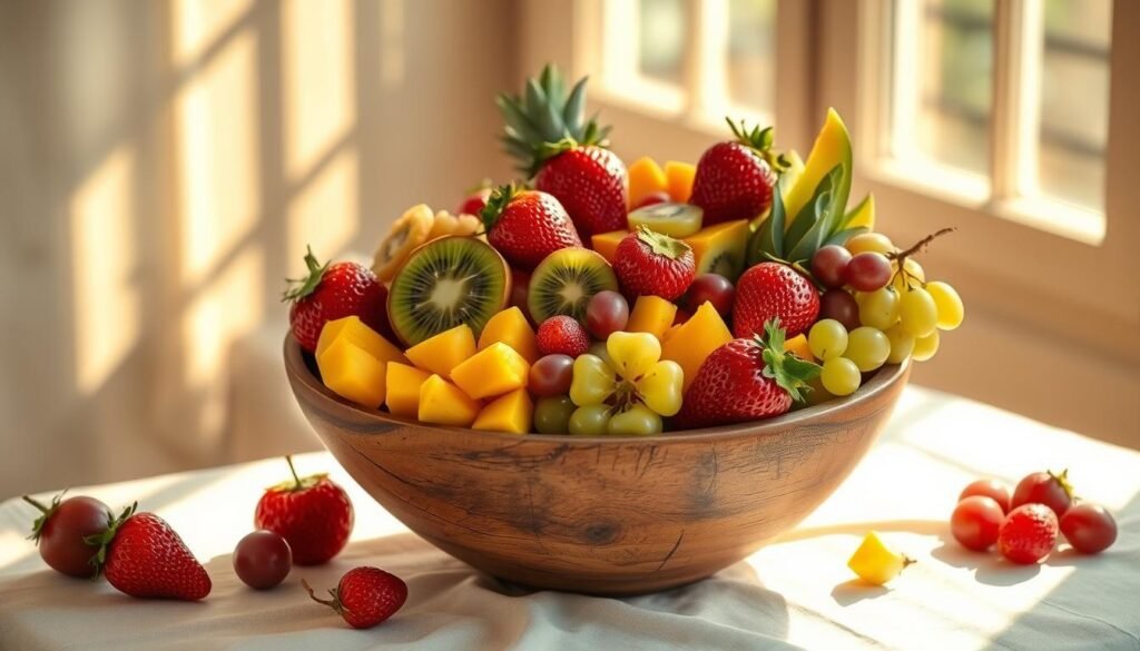 A vibrant still life of assorted fresh fruit arranged in a rustic wooden bowl, positioned on a table with a crisp white linen tablecloth. The arrangement features an array of juicy seasonal delights such as ripe strawberries, kiwi slices, cubed mango, and halved grapes. Shafts of warm, golden natural light filter through the scene, casting soft shadows and highlighting the vibrant colors and textures of the fruit. The overall mood is one of refreshing, summery elegance, inviting the viewer to imagine creating a delightful fruit-forward salad.