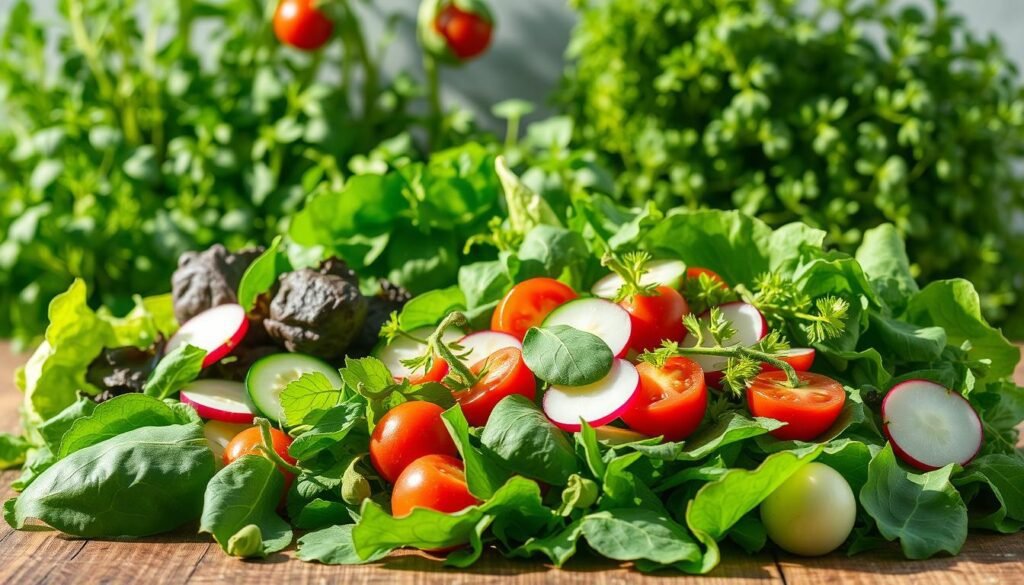 A vibrant still life of seasonal green salads, captured in natural daylight with a soft, diffused glow. In the foreground, a mix of crisp lettuces, fresh spinach, and delicate arugula leaves, arranged artfully on a rustic wooden table. The middle ground features sliced cucumbers, cherry tomatoes, and slivers of radish, adding pops of color and texture. In the background, a lush, verdant backdrop of herbs and microgreens, casting gentle shadows across the scene. The overall composition conveys the freshness and vitality of these seasonal green combinations, perfect for a summer salad celebration. A vibrant still life of seasonal green salads, captured in natural daylight with a soft, diffused glow. In the foreground, a mix of crisp lettuces, fresh spinach, and delicate arugula leaves, arranged artfully on a rustic wooden table. The middle ground features sliced cucumbers, cherry tomatoes, and slivers of radish, adding pops of color and texture. In the background, a lush, verdant backdrop of herbs and microgreens, casting gentle shadows across the scene. The overall composition conveys the freshness and vitality of these seasonal green combinations, perfect for a summer salad celebration.