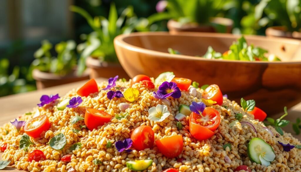 A vibrant summer salad scene, captured in warm natural light. The foreground showcases an assortment of grains - quinoa, farro, and barley - artfully arranged with fresh vegetables such as cherry tomatoes, cucumber slices, and slivers of red onion. Sprinkled throughout, a medley of colorful edible flowers adds a delicate touch. The middle ground features a large wooden salad bowl, its rustic texture complementing the organic ingredients. In the background, a lush green backdrop, perhaps a verdant garden or potted herbs, creates a serene and nourishing atmosphere. The overall composition exudes a sense of wholesome goodness, inviting the viewer to savor the flavors and textures of this grain-based summer salad. A vibrant summer salad scene, captured in warm natural light. The foreground showcases an assortment of grains - quinoa, farro, and barley - artfully arranged with fresh vegetables such as cherry tomatoes, cucumber slices, and slivers of red onion. Sprinkled throughout, a medley of colorful edible flowers adds a delicate touch. The middle ground features a large wooden salad bowl, its rustic texture complementing the organic ingredients. In the background, a lush green backdrop, perhaps a verdant garden or potted herbs, creates a serene and nourishing atmosphere. The overall composition exudes a sense of wholesome goodness, inviting the viewer to savor the flavors and textures of this grain-based summer salad.