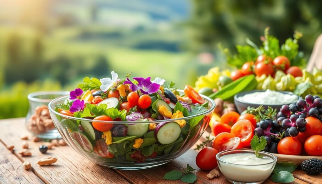 A vibrant summer salad scene featuring an array of fresh, nourishing ingredients arranged artfully on a wooden table. In the foreground, a large glass bowl showcases a colorful mix of leafy greens, crisp vegetables, and juicy fruits like tomatoes, cucumbers, and berries. Garnished with edible flowers and herbs, creating a visually appealing and appetizing display. The middle ground features additional salad components, such as nuts, seeds, and a creamy dressing, all bathed in soft, natural lighting. The background suggests a serene outdoor setting, with a blurred natural landscape providing a tranquil backdrop. The overall mood is one of health, vitality, and the bounty of the summer season. A vibrant summer salad scene featuring an array of fresh, nourishing ingredients arranged artfully on a wooden table. In the foreground, a large glass bowl showcases a colorful mix of leafy greens, crisp vegetables, and juicy fruits like tomatoes, cucumbers, and berries. Garnished with edible flowers and herbs, creating a visually appealing and appetizing display. The middle ground features additional salad components, such as nuts, seeds, and a creamy dressing, all bathed in soft, natural lighting. The background suggests a serene outdoor setting, with a blurred natural landscape providing a tranquil backdrop. The overall mood is one of health, vitality, and the bounty of the summer season.