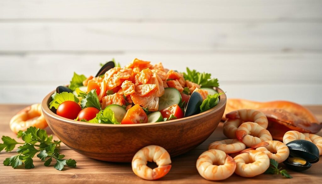 A vibrant summer seafood salad scene, showcasing a variety of fresh ingredients. In the foreground, a large wooden bowl filled with a colorful medley of mixed greens, juicy cherry tomatoes, crisp cucumber slices, and flakes of tender poached salmon. Surrounding the bowl, an assortment of succulent shrimp, briny mussels, and lightly seared scallops, artfully arranged on a natural wood table. The lighting is soft and warm, casting a gentle glow over the scene, creating a welcoming and appetizing atmosphere. In the background, a minimalist, white-washed backdrop allows the vibrant colors and textures of the seafood salad to take center stage. The overall composition conveys a sense of freshness, simplicity, and the nourishing, protein-packed essence of a perfect summer dinner salad. A vibrant summer seafood salad scene, showcasing a variety of fresh ingredients. In the foreground, a large wooden bowl filled with a colorful medley of mixed greens, juicy cherry tomatoes, crisp cucumber slices, and flakes of tender poached salmon. Surrounding the bowl, an assortment of succulent shrimp, briny mussels, and lightly seared scallops, artfully arranged on a natural wood table. The lighting is soft and warm, casting a gentle glow over the scene, creating a welcoming and appetizing atmosphere. In the background, a minimalist, white-washed backdrop allows the vibrant colors and textures of the seafood salad to take center stage. The overall composition conveys a sense of freshness, simplicity, and the nourishing, protein-packed essence of a perfect summer dinner salad.