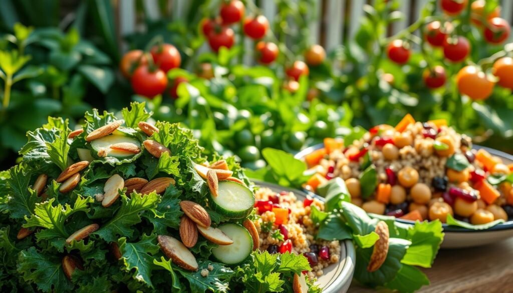 A vibrant, sun-dappled tableau of fresh, blood sugar-friendly summer salads. In the foreground, a crisp kale and cucumber salad, tossed with a zesty lemon vinaigrette and sprinkled with toasted almonds. In the middle ground, a rainbow-hued quinoa salad with roasted sweet potatoes, chickpeas, and a scattering of pomegranate seeds. In the background, a lush garden bursting with ripe tomatoes, fragrant herbs, and leafy greens. Soft, diffused lighting casts a warm, nourishing glow over the scene, inviting the viewer to savor the healthful, satisfying flavors of these summer salad delights. A vibrant, sun-dappled tableau of fresh, blood sugar-friendly summer salads. In the foreground, a crisp kale and cucumber salad, tossed with a zesty lemon vinaigrette and sprinkled with toasted almonds. In the middle ground, a rainbow-hued quinoa salad with roasted sweet potatoes, chickpeas, and a scattering of pomegranate seeds. In the background, a lush garden bursting with ripe tomatoes, fragrant herbs, and leafy greens. Soft, diffused lighting casts a warm, nourishing glow over the scene, inviting the viewer to savor the healthful, satisfying flavors of these summer salad delights.