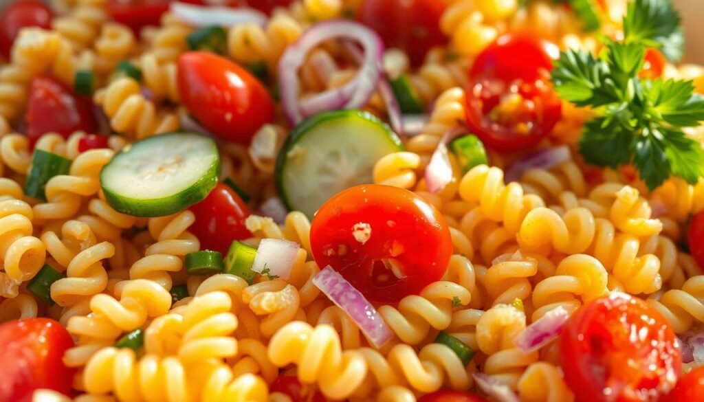 A vibrant, sun-drenched close-up of a fresh, visually appealing pasta salad. In the foreground, a tangle of tri-color rotini pasta, glistening with a light, creamy dressing, is accented by crunchy diced bell peppers in red, yellow, and green. Scattered throughout are halved cherry tomatoes, their juicy, ruby-red hues providing a bold contrast. The middle ground features neatly sliced cucumber coins and slivers of red onion, while the background hints at a verdant herb garnish, perhaps basil or parsley, adding a touch of freshness. The lighting is soft and diffused, creating a warm, appetizing atmosphere. The overall composition is balanced and aesthetically pleasing, showcasing a delectable, nutritious pasta salad. A vibrant, sun-drenched close-up of a fresh, visually appealing pasta salad. In the foreground, a tangle of tri-color rotini pasta, glistening with a light, creamy dressing, is accented by crunchy diced bell peppers in red, yellow, and green. Scattered throughout are halved cherry tomatoes, their juicy, ruby-red hues providing a bold contrast. The middle ground features neatly sliced cucumber coins and slivers of red onion, while the background hints at a verdant herb garnish, perhaps basil or parsley, adding a touch of freshness. The lighting is soft and diffused, creating a warm, appetizing atmosphere. The overall composition is balanced and aesthetically pleasing, showcasing a delectable, nutritious pasta salad.