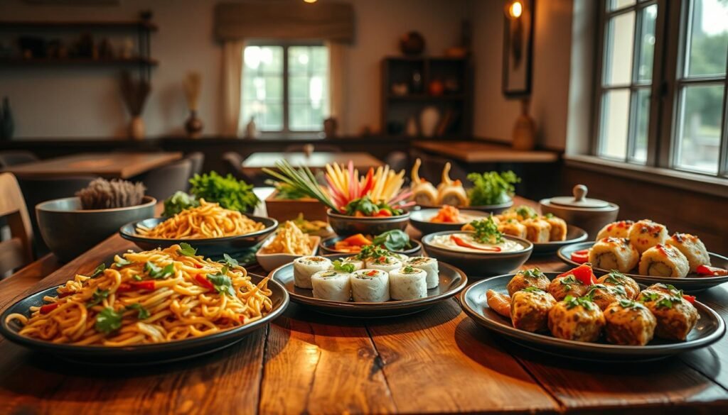 A vibrant, visually appealing arrangement of international dishes on a rustic wooden table, illuminated by warm, natural lighting. In the foreground, a selection of savory and aromatic dishes - perhaps a steaming pad thai, a fragrant curry, and delicately plated sushi. In the middle ground, a variety of colorful, fresh ingredients like herbs, spices, and sauces, creating a sense of culinary exploration. The background features a minimalist, yet inviting setting, with simple, earth-toned decor and a glimpse of a window, suggesting a cozy, intimate atmosphere perfect for a date night.