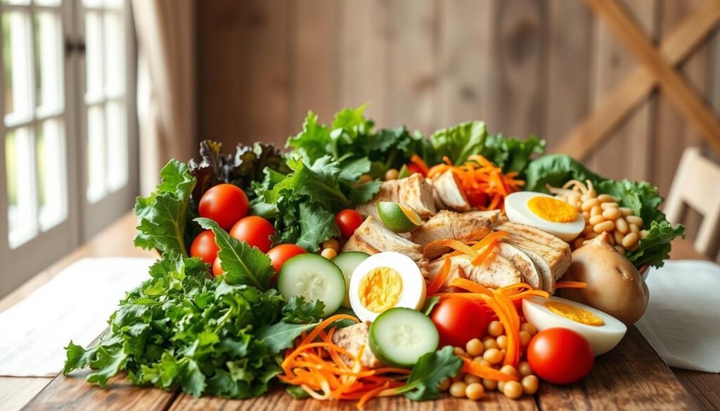 A vibrant, visually-appetizing still life showcasing a variety of fresh, low-calorie summer salads. In the foreground, an assortment of crisp, colorful greens - leafy kale, spinach, and arugula - alongside sliced cucumber, cherry tomatoes, and shredded carrots. In the middle ground, a selection of healthy protein sources like grilled chicken, garbanzo beans, and hard-boiled egg. The background features a rustic wooden table with a minimalist, white linen tablecloth, bathed in warm, natural lighting from a large window. The overall scene conveys a sense of lightness, simplicity, and nutritious indulgence, perfectly capturing the essence of "low-calorie, high-volume" summer salads.