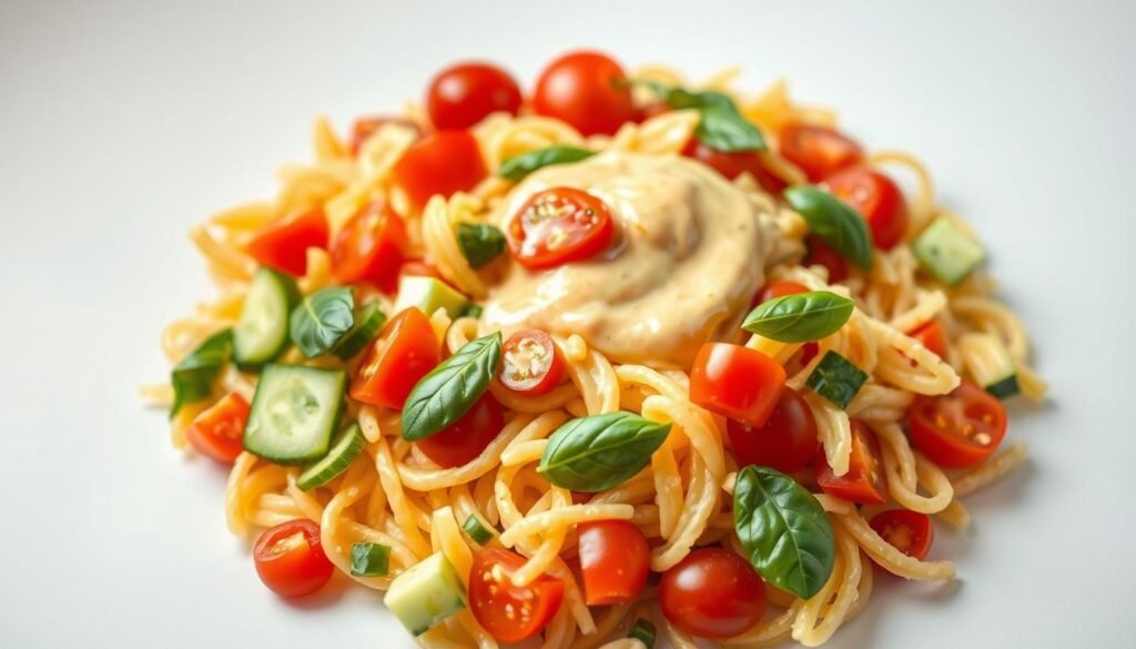 A vibrant, visually enticing cold pasta salad, arranged with care and precision. In the foreground, a bounty of colorful, freshly chopped vegetables - crisp cucumber slices, juicy cherry tomatoes, and fragrant basil leaves - artfully scattered across a bed of al dente, perfectly cooked pasta. The middle ground features a creamy, zesty dressing, drizzled over the salad, creating a harmonious blend of flavors. Soft, diffused lighting from above casts a warm, inviting glow, highlighting the textures and colors. The background is a clean, minimalist setting, allowing the pasta salad to take center stage. The overall composition conveys a sense of freshness, balance, and the delightful science behind crafting the perfect chilled pasta dish.