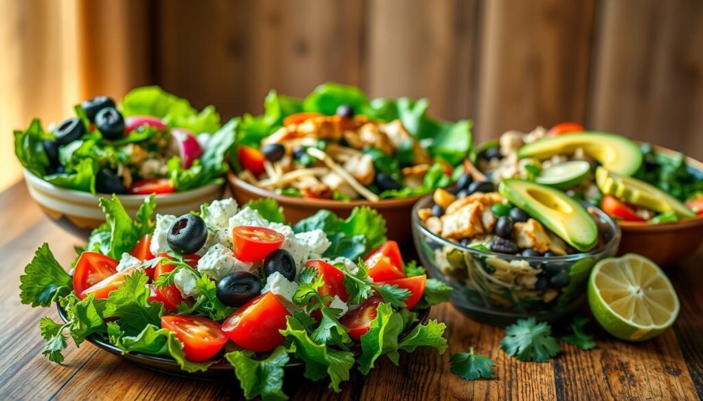 A vibrant, visually-striking assortment of international salads arranged on a wooden table. In the foreground, a colorful Greek salad with feta, olives, and lush tomatoes. Behind it, a Vietnamese-inspired salad with fresh herbs, vermicelli noodles, and grilled chicken. Further back, a Mexican-style salad with black beans, avocado, and a zesty lime dressing. The salads are bathed in warm, diffused natural lighting, creating a cozy, inviting atmosphere. The composition is balanced, with each salad standing out while harmonizing as a cohesive whole. This visually appetizing display captures the diversity and global influences of delicious, nourishing summer salads. A vibrant, visually-striking assortment of international salads arranged on a wooden table. In the foreground, a colorful Greek salad with feta, olives, and lush tomatoes. Behind it, a Vietnamese-inspired salad with fresh herbs, vermicelli noodles, and grilled chicken. Further back, a Mexican-style salad with black beans, avocado, and a zesty lime dressing. The salads are bathed in warm, diffused natural lighting, creating a cozy, inviting atmosphere. The composition is balanced, with each salad standing out while harmonizing as a cohesive whole. This visually appetizing display captures the diversity and global influences of delicious, nourishing summer salads.