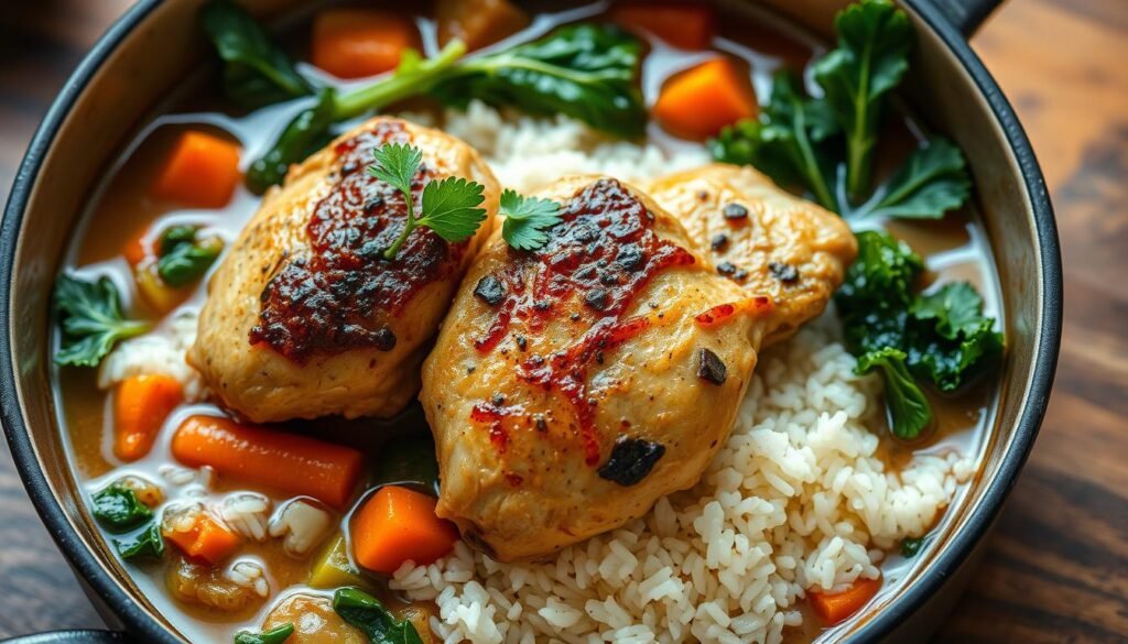 A visually appealing and mouth-watering one-pot chicken dish, simmered to perfection in a flavorful broth with vibrant vegetables. The succulent chicken thighs are nestled atop a bed of fluffy rice, complemented by a variety of fresh greens, such as kale and spinach, as well as carrots and zucchini. The overall composition is captured in a natural, warm-toned lighting, showcasing the dish's inviting and nourishing qualities. The image is shot from a slightly elevated angle, providing a clear and appetizing view of the complete meal, conveying a sense of healthy, wholesome, and effortless home-cooked goodness.