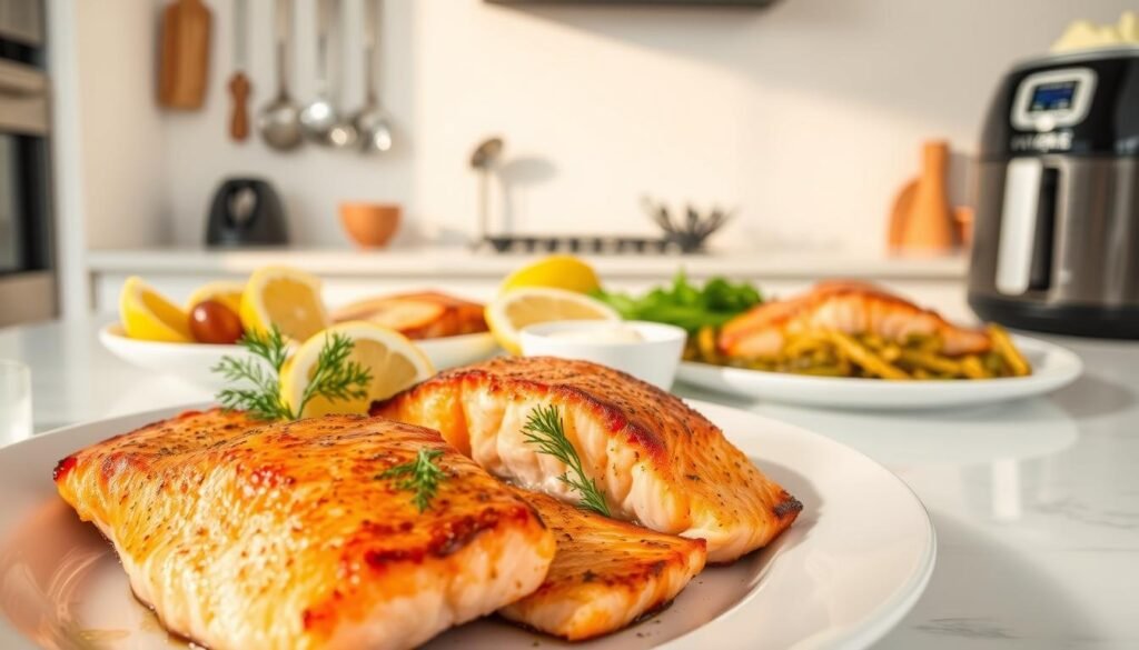 A visually appealing and mouthwatering image of 8 classic air fryer salmon recipes. In the foreground, a plate showcases perfectly seared salmon fillets, their crispy skin glistening under warm, natural lighting. Delicate sprigs of dill, lemon wedges, and a creamy sauce accent the presentation. In the middle ground, various air fryer gadgets and utensils are arranged, hinting at the ease of preparation. The background depicts a minimalist kitchen setting, with clean white surfaces and a subtle, calming color palette to emphasize the simplicity and elegance of these essential salmon dishes. The overall mood is one of culinary mastery and inviting, home-cooked goodness.