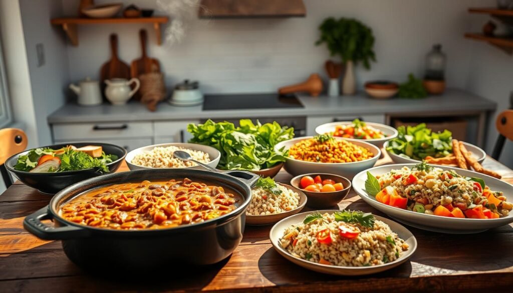 A visually appealing and mouthwatering spread of delectable one-pot vegetarian dishes, artfully arranged on a rustic wooden table. The scene is bathed in warm, natural lighting that highlights the vibrant colors and textures of the various plant-based ingredients. In the foreground, a hearty lentil and vegetable stew simmers in a cast-iron pot, its fragrant steam wafting through the air. Surrounding it are neatly portioned servings of creamy vegetable korma, fragrant quinoa pilaf, and a colorful mixed vegetable medley, all presented in sleek, modern serving dishes. The middle ground features a selection of fresh herbs, spices, and garnishes, adding depth and complexity to the overall composition. In the background, a clean, minimalist kitchen environment with simple, white-washed walls and wooden accents provides a clean, uncluttered backdrop, allowing the vibrant, healthy dishes to take center stage.