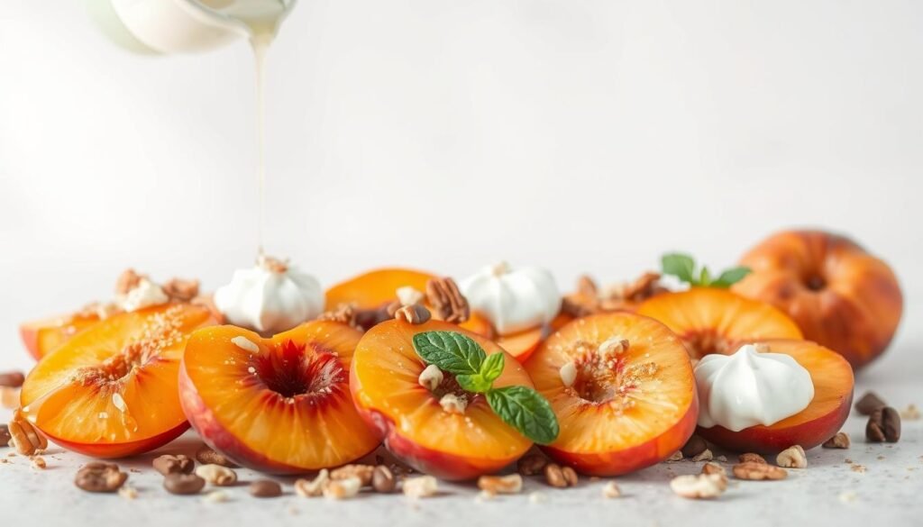 A visually appealing arrangement of fresh, ripe peach slices, garnished with a selection of healthy toppings and accompaniments. In the foreground, the peach slices are artfully positioned, showcasing their natural colors and textures. Scattered around them are an assortment of nutritious options, such as a drizzle of honey, a sprinkle of toasted nuts, a dollop of Greek yogurt, and a sprig of fresh mint. The middle ground features a clean, minimalist backdrop, allowing the peach-based dessert to take center stage. Soft, diffused lighting creates a warm, inviting atmosphere, highlighting the natural beauty of the ingredients. The overall composition conveys a sense of simplicity, healthfulness, and indulgence, making it an appealing alternative to traditional peach desserts.