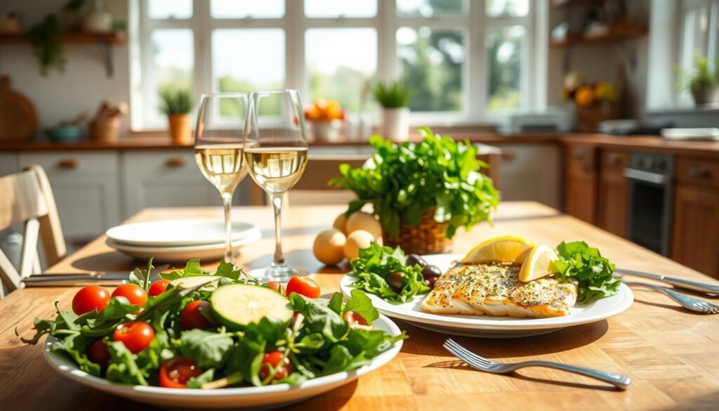 A visually appealing, light-filled scene of fresh, healthy dinner recipes on a wooden table. In the foreground, a selection of colorful, minimalist dishes including a salad with leafy greens, sliced avocado, and cherry tomatoes, a plate of grilled fish with lemon and herbs, and a glass of white wine. The middle ground features a simple table setting with clean white plates, silverware, and a small vase of flowers. The background showcases a sun-drenched kitchen with large windows, allowing natural light to flood the space and create a warm, inviting atmosphere. The overall mood is one of simplicity, freshness, and the enjoyment of a nourishing, intimate meal.