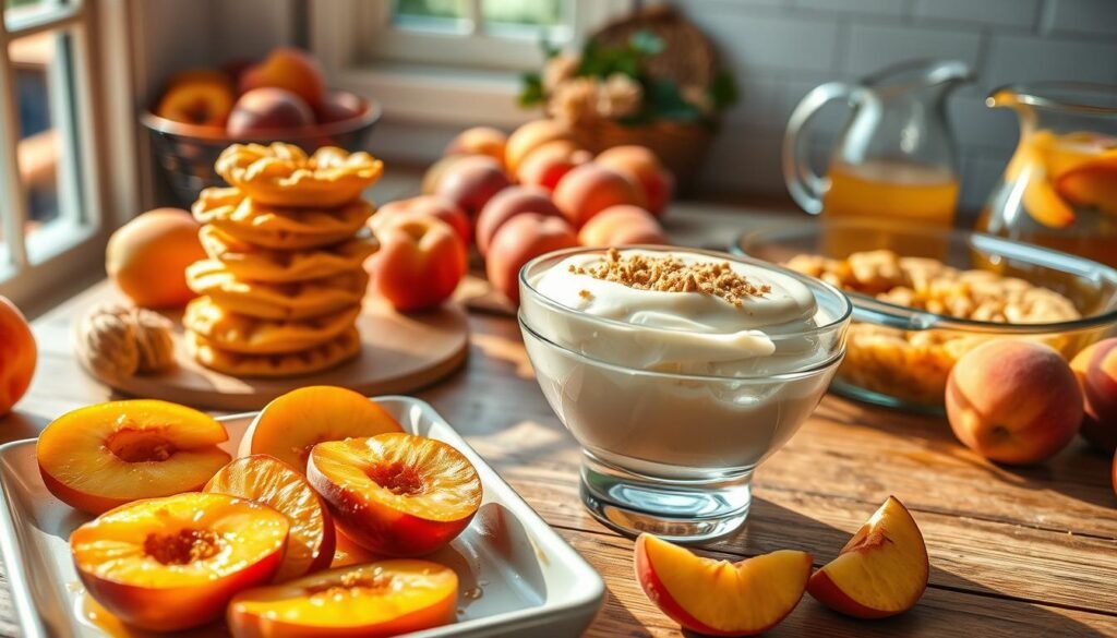 A visually appealing, sun-drenched kitchen scene featuring an array of tempting peach desserts. In the foreground, a tray of fresh, juicy peach slices drizzled with a golden honey glaze, accompanied by a stack of buttery, flaky peach hand pies. In the middle ground, a sleek glass bowl brimming with a creamy peach mousse, topped with a delicate dusting of crushed graham crackers. The background showcases a rustic wooden table with a scattered assortment of ripe peaches, a vintage-inspired baking dish filled with a bubbling peach cobbler, and a glass pitcher of chilled peach iced tea, all bathed in soft, warm lighting from a large window. An inviting, effortless scene capturing the essence of simple, time-saving peach desserts.