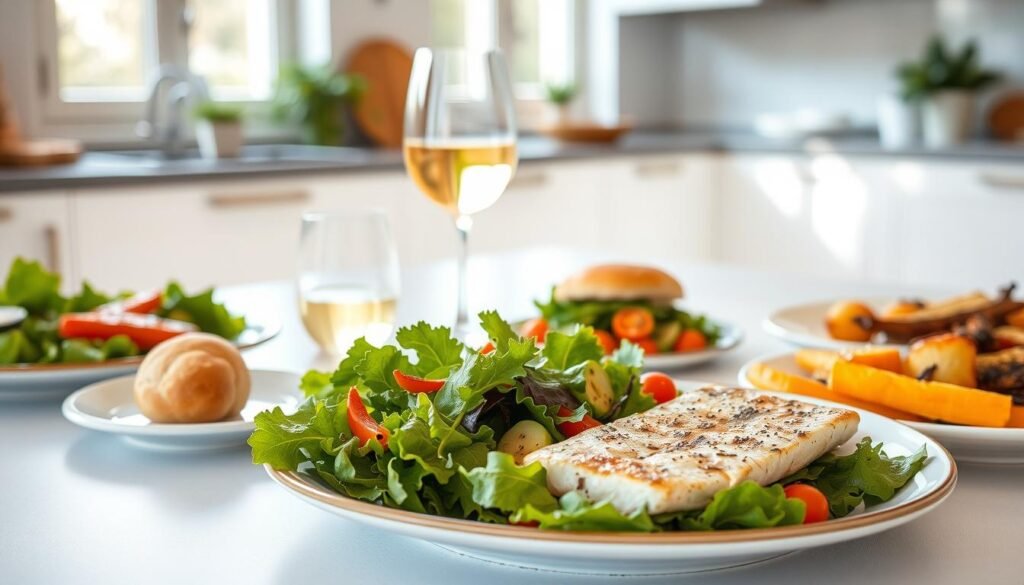 A visually appealing table setting with a selection of light, healthy dinner dishes. In the foreground, a plate features a fresh green salad with vibrant vegetables, a small portion of grilled fish, and a side of roasted vegetables. In the middle ground, a glass of chilled white wine and a small bread roll add to the simple, yet satisfying meal. The background showcases a clean, minimalist kitchen setting with natural lighting filtering in through large windows, creating a warm, inviting atmosphere. The overall mood is one of a relaxed, nourishing dinner that is both visually appealing and nutritious. A visually appealing table setting with a selection of light, healthy dinner dishes. In the foreground, a plate features a fresh green salad with vibrant vegetables, a small portion of grilled fish, and a side of roasted vegetables. In the middle ground, a glass of chilled white wine and a small bread roll add to the simple, yet satisfying meal. The background showcases a clean, minimalist kitchen setting with natural lighting filtering in through large windows, creating a warm, inviting atmosphere. The overall mood is one of a relaxed, nourishing dinner that is both visually appealing and nutritious.