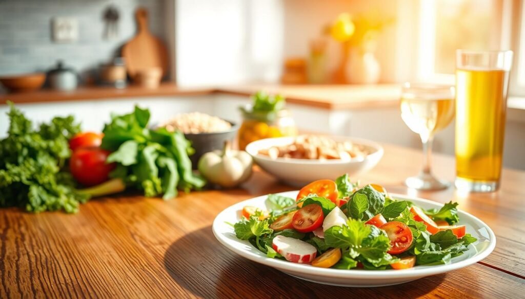 A visually appetizing arrangement of a variety of fresh, wholesome ingredients on a wooden table. In the foreground, a plate showcases a healthy, quick-to-prepare meal, such as a colorful salad with vibrant leafy greens, sliced vegetables, and a drizzle of light dressing. In the middle ground, additional components come into view, including a bowl of grains, a plate of lean protein, and a glass of refreshing beverage. The background features a clean, minimalist kitchen setting with natural lighting flooding the scene, creating a warm, inviting atmosphere. The overall composition conveys the ease and simplicity of preparing nourishing, delicious meals in a short amount of time.