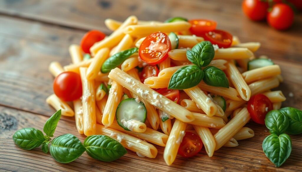 A visually appetizing, chilled pasta salad rests on a wooden table, garnished with vibrant cherry tomatoes, crisp cucumber slices, and fresh basil leaves. The pasta's al dente texture glistens under soft, natural lighting, complemented by a creamy, tangy dressing that coats each penne rigate. The overall composition exudes a refreshing, summer-inspired aesthetic, capturing the essence of a quick, easy-to-prepare cold pasta dish perfect for busy weekdays.