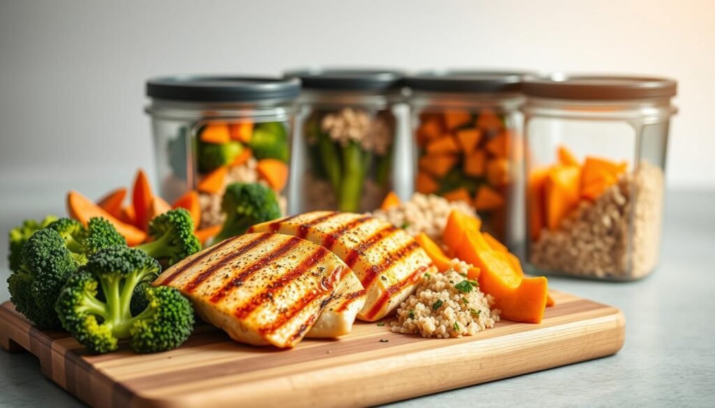 A visually appetizing high-protein meal prep arrangement, shot in natural, warm lighting with a shallow depth of field. In the foreground, a variety of fresh and colorful ingredients are neatly organized on a wooden cutting board - grilled chicken breasts, sautéed broccoli, roasted sweet potatoes, and a side of quinoa. The middle ground features glass meal prep containers filled with the prepared components, ready to be grabbed for a balanced, nutrient-dense lunch or dinner. The background is softly blurred, hinting at a minimalist kitchen setting with clean, white walls. The overall mood is one of healthy, wholesome sustenance, perfect for a fitness-focused lifestyle.