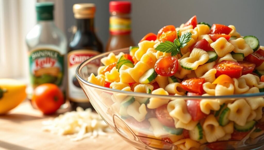 A visually appetizing pantry pasta salad, shot in natural light with a crisp, clean focus. The foreground showcases a large glass bowl brimming with colorful, freshly tossed farfalle pasta, diced tomatoes, crisp cucumber slices, and vibrant bell pepper strips. In the middle ground, a selection of pantry staples like canned olives, Italian dressing, and shredded Parmesan cheese are neatly arranged, hinting at the simple yet flavorful ingredients. The background has a soft, blurred effect, emphasizing the main dish. The overall mood is bright, summery, and inviting, perfectly capturing the essence of a quick, nourishing cold pasta solution.