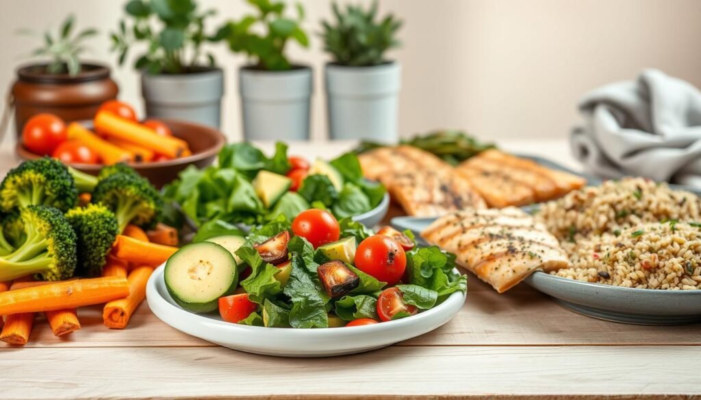 A visually appetizing spread of healthy, clean-eating dinner options displayed on a light wooden table. The foreground features a selection of fresh, vibrant vegetables, including roasted broccoli, grilled zucchini, and a colorful salad with mixed greens, cherry tomatoes, and avocado slices. In the middle ground, lean protein sources such as grilled salmon fillets and herb-crusted chicken breasts are presented alongside whole grain options like quinoa and brown rice. The background is softly lit, creating a warm, inviting atmosphere, with natural elements like potted herbs and a linen napkin adding a touch of rustic elegance. The overall scene conveys a sense of balance, nourishment, and culinary delight, perfectly capturing the essence of "Healthy Eating Made Simple and Delicious". A visually appetizing spread of healthy, clean-eating dinner options displayed on a light wooden table. The foreground features a selection of fresh, vibrant vegetables, including roasted broccoli, grilled zucchini, and a colorful salad with mixed greens, cherry tomatoes, and avocado slices. In the middle ground, lean protein sources such as grilled salmon fillets and herb-crusted chicken breasts are presented alongside whole grain options like quinoa and brown rice. The background is softly lit, creating a warm, inviting atmosphere, with natural elements like potted herbs and a linen napkin adding a touch of rustic elegance. The overall scene conveys a sense of balance, nourishment, and culinary delight, perfectly capturing the essence of "Healthy Eating Made Simple and Delicious".