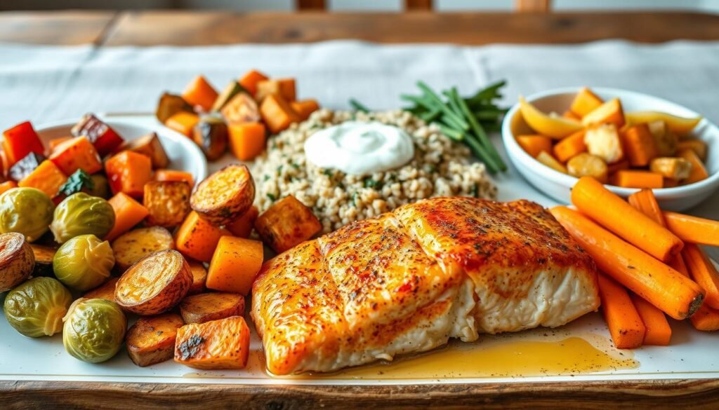 A visually appetizing tableau of five delectable side dishes that perfectly complement a savory air-fryer salmon fillet. In the foreground, a vibrant array of roasted seasonal vegetables - sweet potatoes, brussels sprouts, and carrots - glistening with a light olive oil glaze. In the middle ground, a fluffy bed of herbed quinoa and a tart lemon-dill yogurt sauce. In the background, a rustic wooden table with a simple linen runner, setting the stage for this complete, well-balanced meal. The lighting is soft and natural, emphasizing the fresh, wholesome ingredients. Captured with a wide-angle lens to showcase the harmonious composition of this satisfying, salmon-centric feast.