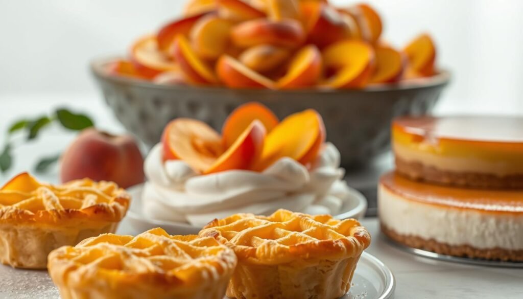 A visually striking arrangement of advanced fresh peach dessert creations, captured in a soft, evocative lighting. In the foreground, delicate peach tartlets with intricate lattice crusts, their golden surfaces glistening. Behind them, a towering peach cobbler, its juices bubbling over the edges of a rustic ceramic dish. In the middle ground, a sleek peach pavlova, its meringue shell crowned with glistening peach slices and a dusting of powdered sugar. In the background, a peach mousse tart, its mirror-like glaze reflecting the warm hues of the other desserts. The overall scene conveys a sense of refined elegance and the mouthwatering allure of expertly crafted peach-based confections.