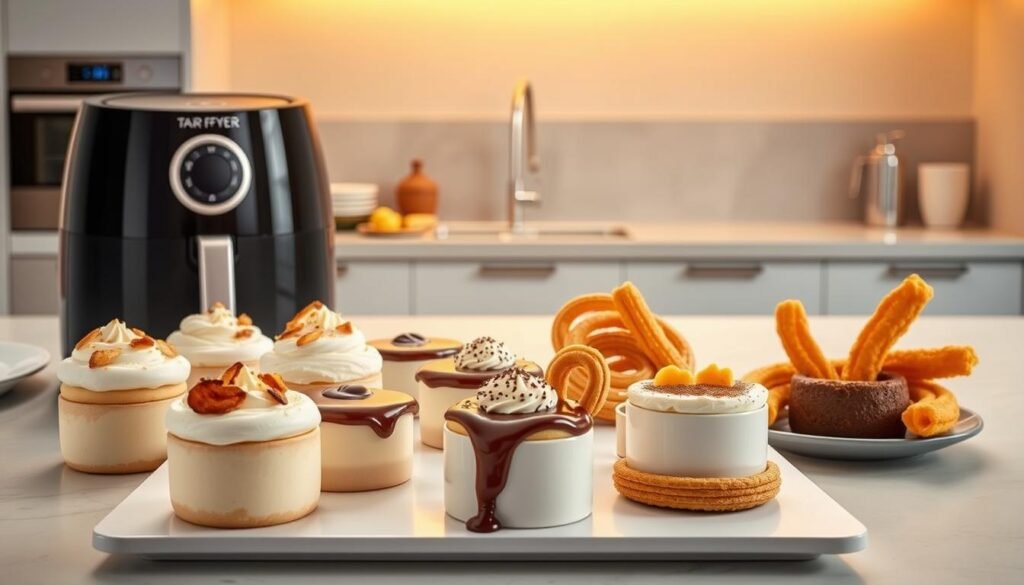A visually striking scene showcasing innovative air fryer desserts. In the foreground, a tempting array of treats - fluffy soufflés, decadent chocolate lava cakes, and crisp, golden churros. Carefully arranged on a sleek, modern air fryer, the desserts seem to beckon the viewer. The middle ground features a stylized, minimalist kitchen counter, with gleaming stainless steel appliances and artfully placed ingredients, hinting at the creative process behind these culinary delights. The background is bathed in a warm, golden light, evoking a cozy, inviting atmosphere. The overall composition radiates a sense of effortless sophistication, capturing the spirit of air fryer dessert innovations.