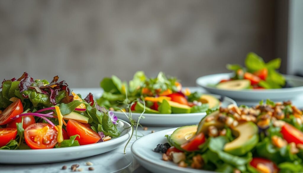 A visually stunning arrangement of fresh, vibrant summer salads, as if plated by a Michelin-starred chef. In the foreground, an artful display of crisp, colorful greens, juicy tomatoes, and creamy avocado slices, drizzled with a light, tangy dressing. The middle ground features delicate microgreens, edible flowers, and a scattering of toasted nuts and seeds, adding texture and depth. In the background, a blurred, minimalist backdrop evokes the elegant ambiance of a fine dining establishment, with muted hues and subtle highlights that draw the eye to the carefully crafted salads. Soft, directional lighting illuminates the scene, casting gentle shadows and highlights that enhance the visual appeal. The overall mood is one of culinary sophistication and the celebration of fresh, seasonal ingredients. A visually stunning arrangement of fresh, vibrant summer salads, as if plated by a Michelin-starred chef. In the foreground, an artful display of crisp, colorful greens, juicy tomatoes, and creamy avocado slices, drizzled with a light, tangy dressing. The middle ground features delicate microgreens, edible flowers, and a scattering of toasted nuts and seeds, adding texture and depth. In the background, a blurred, minimalist backdrop evokes the elegant ambiance of a fine dining establishment, with muted hues and subtle highlights that draw the eye to the carefully crafted salads. Soft, directional lighting illuminates the scene, casting gentle shadows and highlights that enhance the visual appeal. The overall mood is one of culinary sophistication and the celebration of fresh, seasonal ingredients.