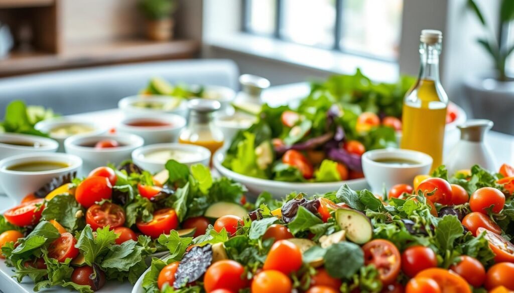 A visually stunning culinary spread of summer salads, expertly crafted by renowned chefs. In the foreground, a vibrant array of fresh greens, heirloom tomatoes, and colorful veggies arranged in an artful, appetizing display. The middle ground features various dressings and garnishes, from creamy avocado-based vinaigrettes to fragrant herb-infused oils, all presented in sleek, minimalist vessels. The background showcases a sophisticated, natural-lit setting, with a soft, diffused lighting highlighting the textures and colors of the ingredients. The overall mood is one of culinary excellence, seasonal freshness, and a sophisticated, yet approachable, sensibility. A visually stunning culinary spread of summer salads, expertly crafted by renowned chefs. In the foreground, a vibrant array of fresh greens, heirloom tomatoes, and colorful veggies arranged in an artful, appetizing display. The middle ground features various dressings and garnishes, from creamy avocado-based vinaigrettes to fragrant herb-infused oils, all presented in sleek, minimalist vessels. The background showcases a sophisticated, natural-lit setting, with a soft, diffused lighting highlighting the textures and colors of the ingredients. The overall mood is one of culinary excellence, seasonal freshness, and a sophisticated, yet approachable, sensibility.