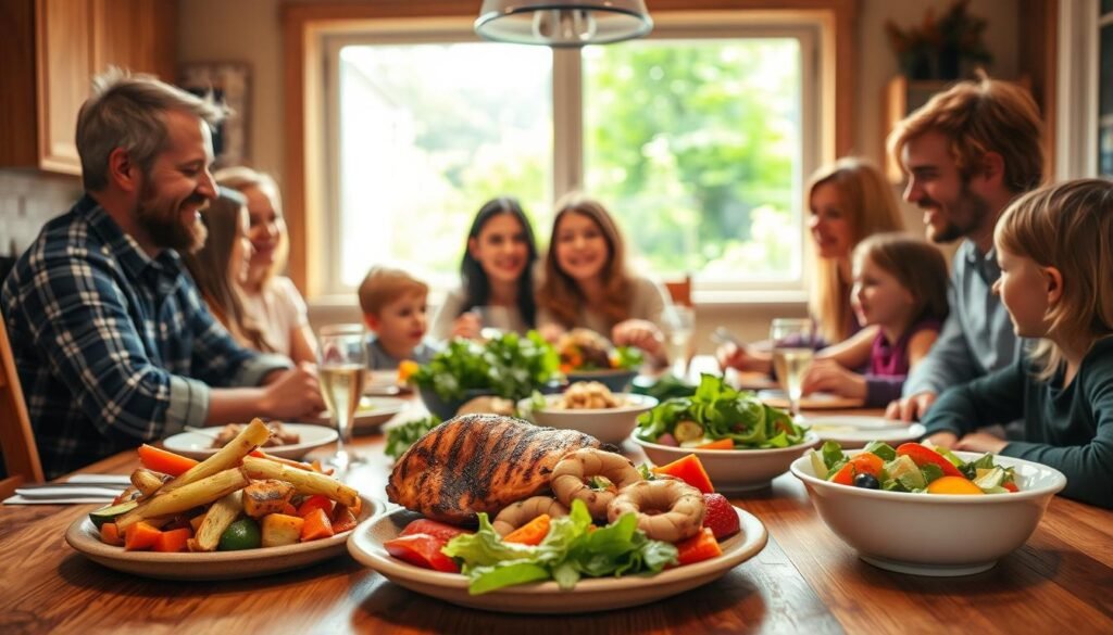 A warm, cozy kitchen scene with a large family gathered around a wooden table, enjoying a hearty meal together. In the foreground, a platter of roasted vegetables, grilled chicken, and a bowl of fresh salad take center stage, showcasing a healthy, balanced dinner. The middle ground features smiling faces of parents and children, with lively conversations and laughter filling the air. The background is softly lit, with a window overlooking a lush, green garden, creating a sense of tranquility and connection to nature. The overall atmosphere is one of togetherness, nourishment, and mindful eating, reflecting the "Sneaky Veggie Integration" theme.