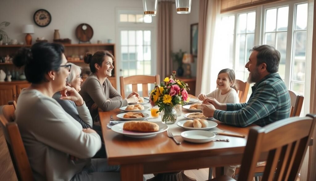 A warm, inviting family dining room with a long wooden table surrounded by comfortable chairs. Soft, natural lighting filters through large windows, casting a cozy glow over the scene. On the table, a simple yet elegant spread of homemade dishes, fresh bread, and a centerpiece of seasonal flowers. Family members of all ages sit together, engaged in lively conversation and laughter, their expressions relaxed and joyful. The atmosphere is one of connection, quality time, and the simple pleasure of sharing a stress-free meal. The camera captures this moment of domestic bliss from a slightly elevated angle, emphasizing the sense of togetherness and harmony.