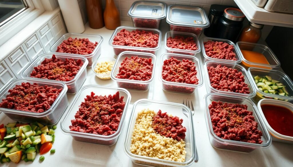 A well-lit kitchen counter showcases neatly arranged containers of freshly prepared ground beef meals. The ground beef, seasoned to perfection, is divided into individual portions, ready to be easily grabbed and reheated for quick weeknight dinners. Alongside the beef, diced vegetables, grains, and sauces are meticulously organized, creating a visually appealing and efficient meal prep setup. The image conveys a sense of organization, preparation, and time-saving convenience, perfectly capturing the "Make-Ahead Ground Beef Solutions" concept.
