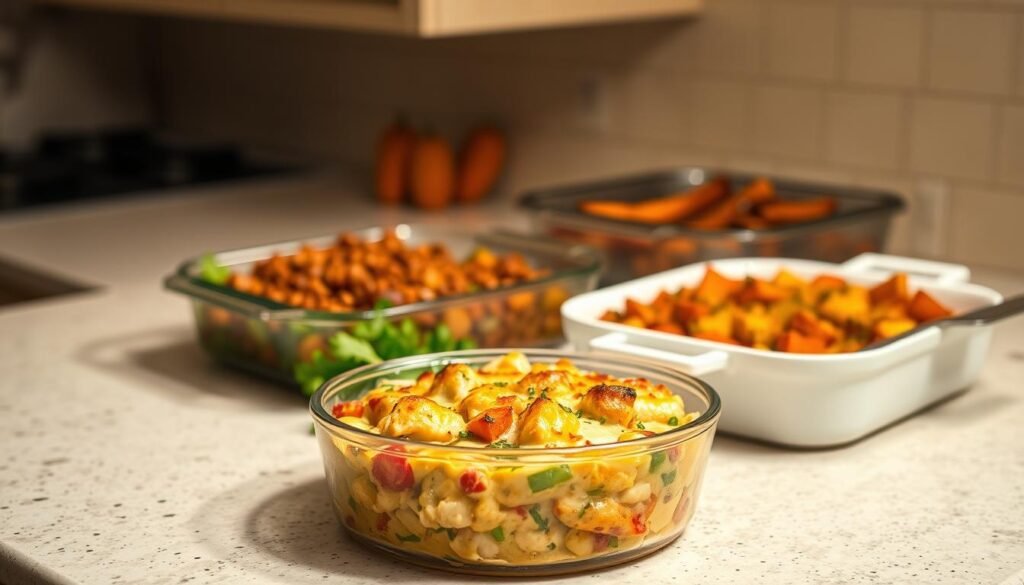 A well-lit kitchen countertop showcases an arrangement of vibrant, nourishing casserole dishes. In the foreground, a creamy chicken and vegetable casserole simmers, its golden crust glistening. Behind it, a hearty lentil and sweet potato bake, its rich colors complemented by a side of fresh greens. In the background, a casserole of roasted root vegetables, their caramelized edges creating a mouthwatering scene. The lighting is warm and inviting, casting a soft glow over the healthful, homemade meals. The overall atmosphere is one of comforting, wholesome abundance, inspiring the viewer to savor these satisfying, family-friendly casserole creations.