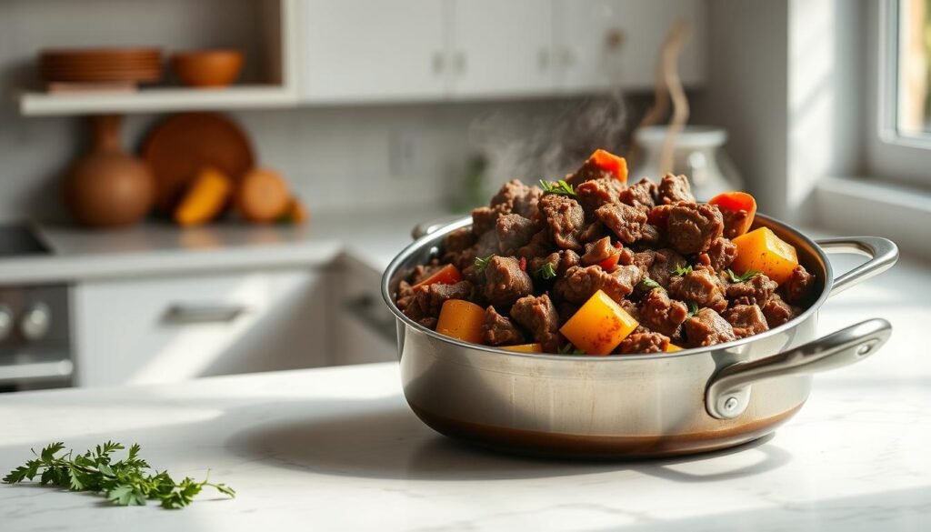 A well-lit, minimalist kitchen countertop showcases a large, stainless steel pot simmering with a hearty ground beef stew. Chunky root vegetables, fragrant herbs, and a savory aroma fill the air. The pot is positioned at a slight angle, drawing the viewer's eye towards the rich, caramelized edges of the beef. Soft, natural lighting filters in from a nearby window, casting a warm glow over the scene. The background is intentionally blurred, keeping the focus on the one-pot cooking process and the delicious, homemade meal taking shape. A well-lit, minimalist kitchen countertop showcases a large, stainless steel pot simmering with a hearty ground beef stew. Chunky root vegetables, fragrant herbs, and a savory aroma fill the air. The pot is positioned at a slight angle, drawing the viewer's eye towards the rich, caramelized edges of the beef. Soft, natural lighting filters in from a nearby window, casting a warm glow over the scene. The background is intentionally blurred, keeping the focus on the one-pot cooking process and the delicious, homemade meal taking shape.