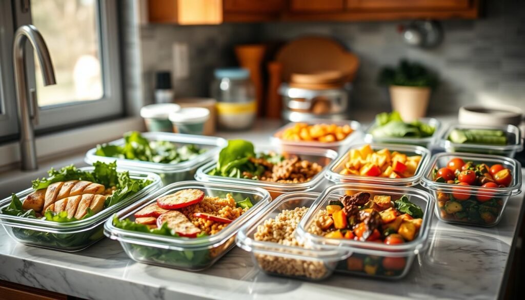 A well-organized kitchen counter with freshly prepared meal containers, featuring a variety of colorful, nutritious ingredients such as leafy greens, grilled chicken, quinoa, and roasted vegetables. Diffused natural lighting from a nearby window casts a warm, inviting glow across the scene. The arrangement is visually appealing, conveying a sense of order and thoughtfulness in the meal prep process. The overall atmosphere is one of healthy, balanced living, inspiring the viewer to consider their own mealtime routines. A well-organized kitchen counter with freshly prepared meal containers, featuring a variety of colorful, nutritious ingredients such as leafy greens, grilled chicken, quinoa, and roasted vegetables. Diffused natural lighting from a nearby window casts a warm, inviting glow across the scene. The arrangement is visually appealing, conveying a sense of order and thoughtfulness in the meal prep process. The overall atmosphere is one of healthy, balanced living, inspiring the viewer to consider their own mealtime routines.