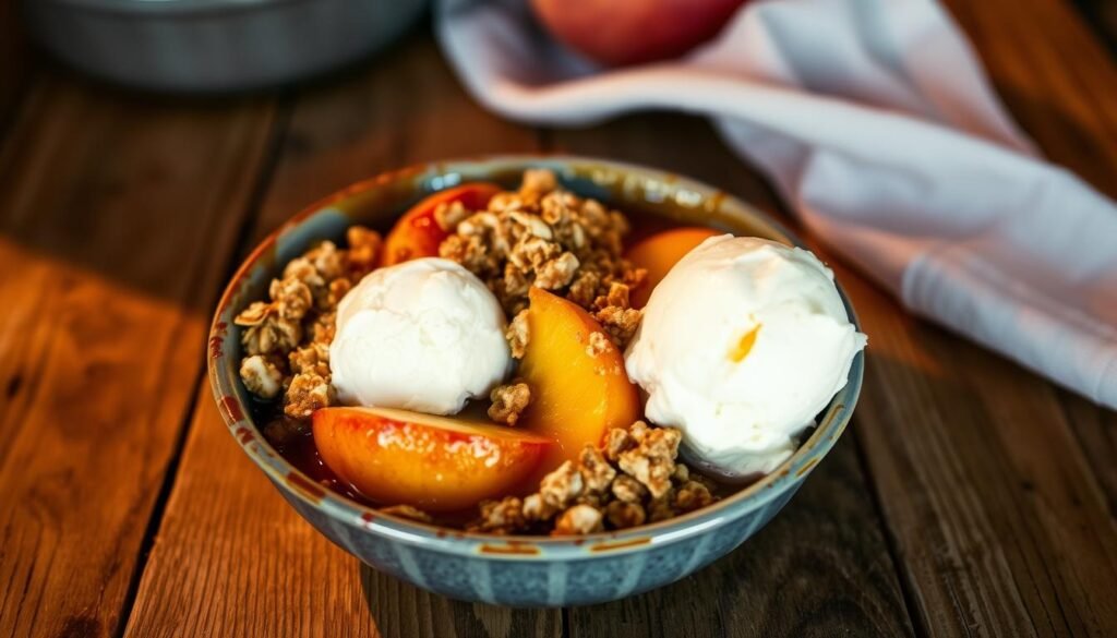 Caramelized Fresh Peach Crisp with Oat Topping, a warm and inviting dessert, sits on a rustic wooden table. Soft, golden peach slices are nestled within a bubbling, caramelized filling, topped with a crisp, golden-brown oat crumble. Warm lighting casts a cozy glow, highlighting the rich, luscious textures and the natural sweetness of the fruit. The scene evokes the comforting embrace of a cozy evening, inviting the viewer to indulge in the flavors of summer. A scoop of vanilla ice cream melts deliciously alongside the crisp, adding a creamy contrast to the warm, fruit-forward dish.