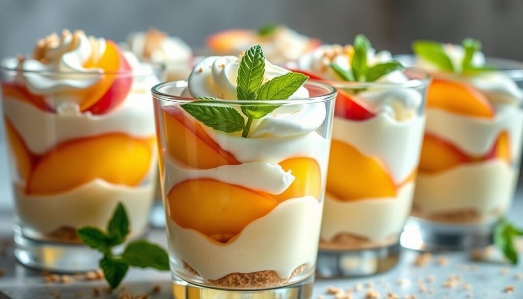 Chilled canned peach parfait cups, delicately layered with velvety custard, fluffy whipped cream, and juicy peach slices. The glass vessels catch the soft natural light, creating a hazy, inviting atmosphere. Lush green mint leaves add a refreshing contrast, while a dusting of crushed graham crackers provides a subtle crunch. The arrangement is captured from a slightly elevated angle, showcasing the elegant presentation and the tempting textures. This no-bake, year-round treat embodies the essence of a comforting yet sophisticated canned peach dessert.