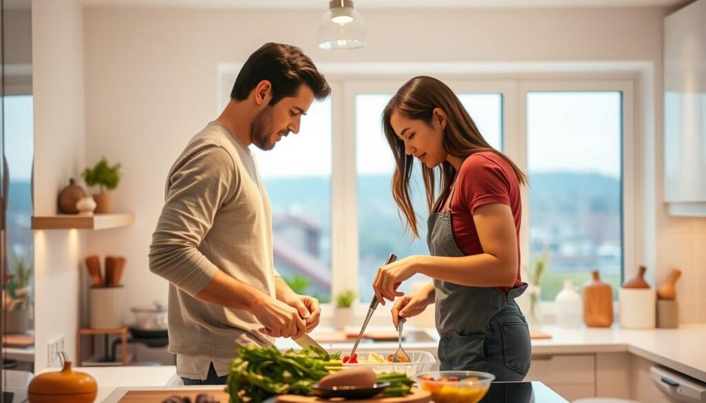 Couples cooking together in a cozy, well-lit kitchen. Two people, a man and a woman, standing side by side, chopping vegetables, mixing ingredients, and working in harmony. Warm, soft lighting from above, creating a gentle, intimate atmosphere. The kitchen is modern, with clean lines and stainless steel appliances, but feels inviting and lived-in. In the background, a large window overlooking a scenic outdoor view, perhaps a garden or a city skyline. The couple's body language and facial expressions convey a sense of connection, collaboration, and shared enjoyment of the cooking process.