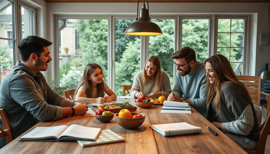 Cozy kitchen scene with a family gathered around a wooden table, planning out a delicious and easy dinner menu. Warm lighting from pendant lamps casts a gentle glow, while large windows offer a view of a lush garden outside. On the table, an assortment of recipe books, notepads, and colorful produce. The family, dressed in casual attire, leans in, engaged in lively discussion, their faces animated with ideas and anticipation. A sense of togetherness and effortless meal planning pervades the serene atmosphere.