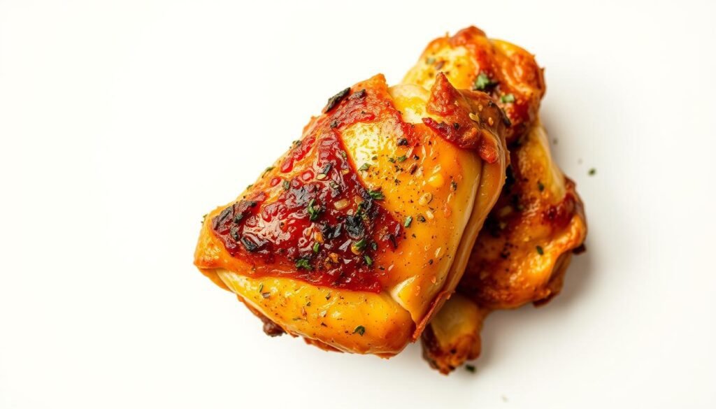 Crisp, golden-brown air fryer chicken thighs, seasoned with a vibrant blend of fresh herbs, garlic, and spices. The juicy meat contrasts with the crackly, crunchy skin, creating a tantalizing and satisfying dish. Arrange the thighs against a minimalist, light-colored background, capturing the close-up details and textures. Soft, directional lighting highlights the sheen of the skin and casts subtle shadows, lending depth and dimension. Shoot from a slight high angle to showcase the appetizing presentation. Convey a comforting, homemade feel that would appeal to families seeking a delicious and hassle-free protein-based dinner.