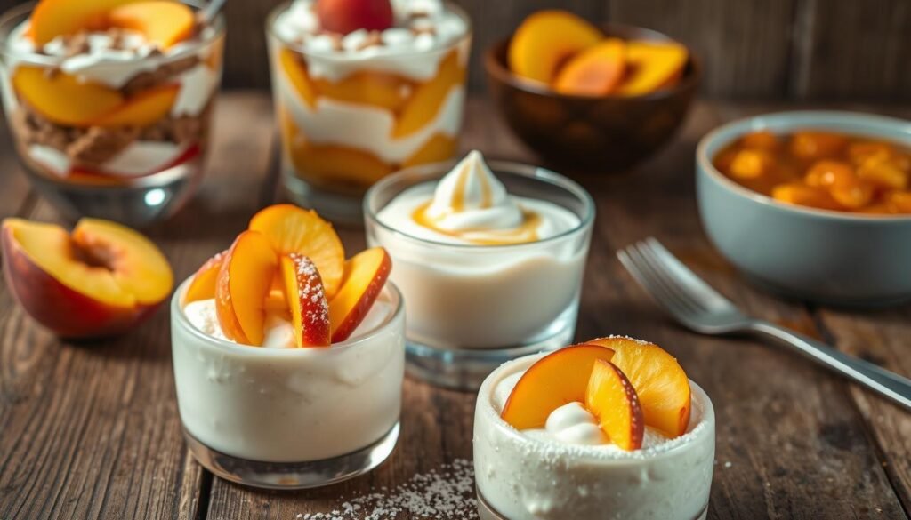 Delightful no-bake peach desserts, arranged on a rustic wooden table. In the foreground, a creamy peach mousse is topped with fresh sliced peaches and a dusting of powdered sugar. Beside it, a layered peach trifle with whipped cream and crumbled graham crackers. In the middle ground, a refreshing peach panna cotta, garnished with a drizzle of honey. The background features a vibrant peach compote, its natural sweetness shining through. Soft, diffused lighting casts a warm glow, highlighting the luscious textures and juicy hues of these effortless, summertime treats.