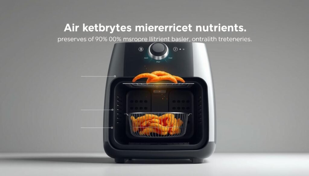 Detailed scientific cross-section diagram of the air frying process, showcasing the preservation of 90% more nutrients compared to traditional frying. A sleek, modern aesthetic with clean lines, muted colors, and technical schematics. Cutaway view reveals the inner workings: air circulation, heating element, food basket, and nutrient retention. Backlit with soft, directional lighting to highlight key components. Shot from a low, three-quarter angle to convey a sense of technical sophistication. Crisp, high-resolution rendering with a subtle depth of field effect, emphasizing the precision engineering behind air frying's health benefits.